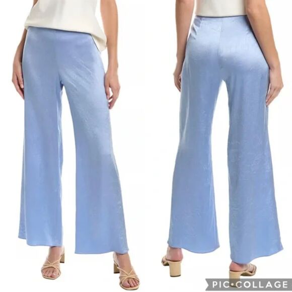 Vince Light Blue Wide-Leg Crinkled Pants | Size L New High-waist  Satin - Picture 1 of 10